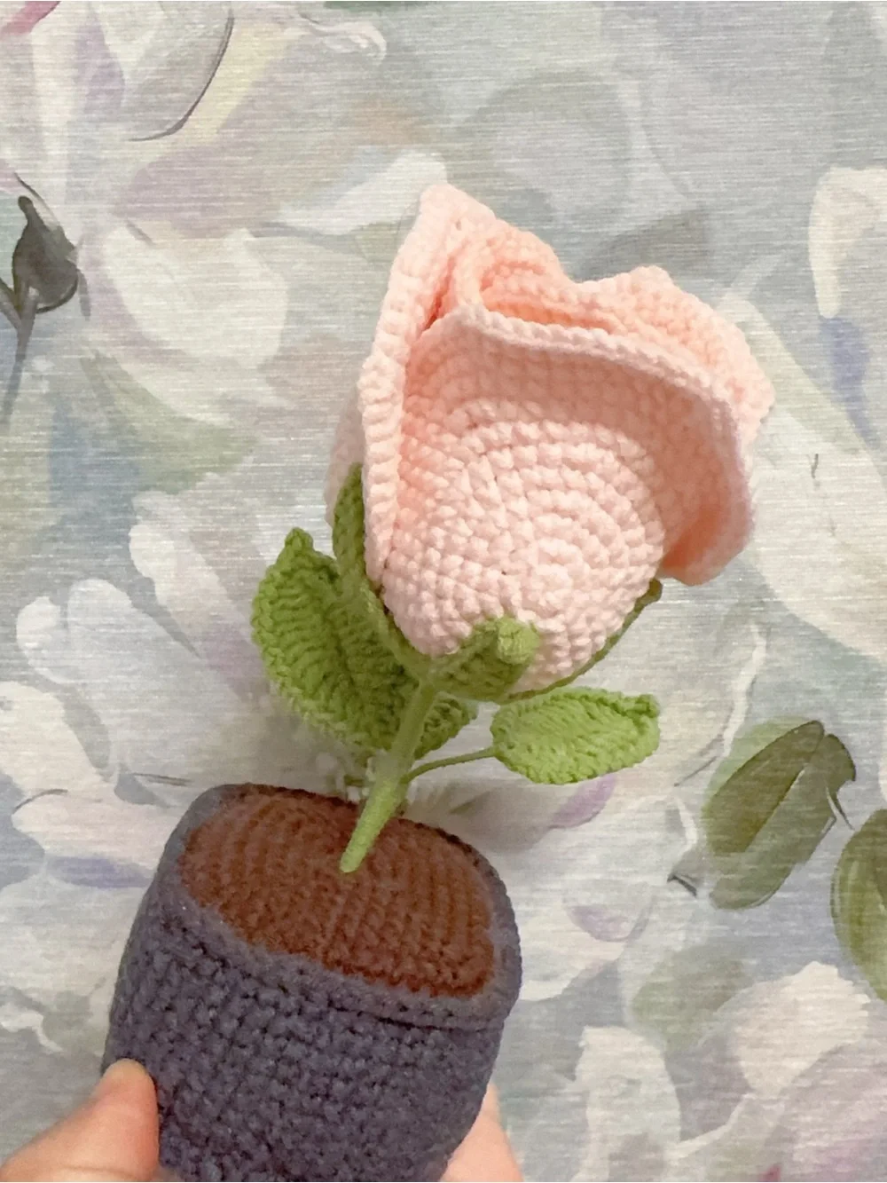 Handmade Pink Crochet Rose in Gray Pot - Home Accents